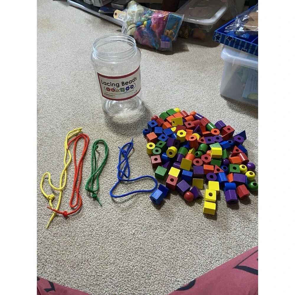LMC Products Wooden Lacing Beads for Toddlers 110pc Learning Toy Set with Jar